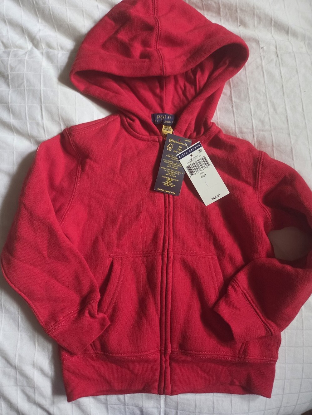 Ralph Lauren Bright Red Kids Zip Hoodie,4T, New With Tags